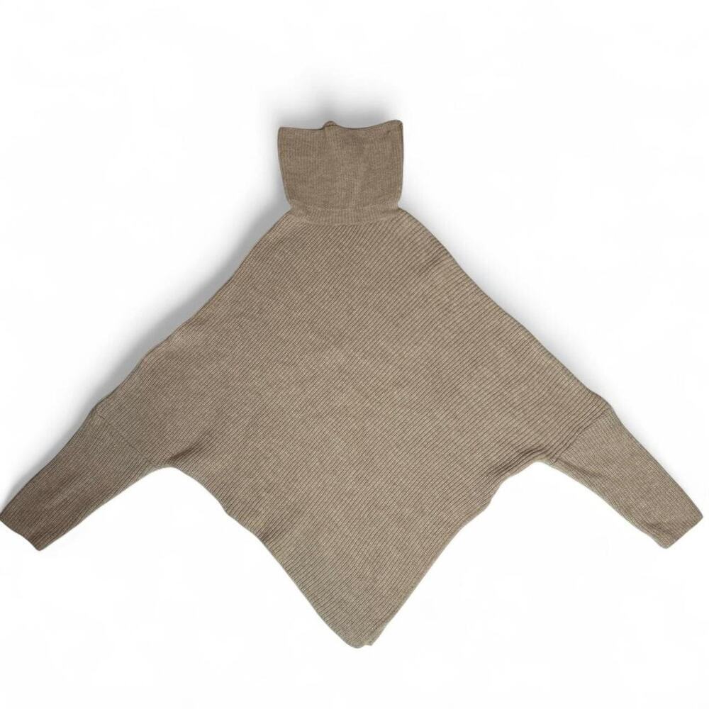 Beige Ribbed Turtleneck Poncho Sweater Women's L Oversized Batwing Knit